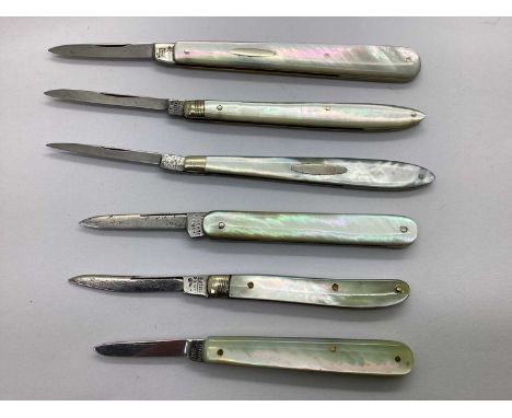 A Collection of Assorted Single Blade Folding Quill Knives, with brass lined mother of pearl scales, including GR&amp;Co, Jam