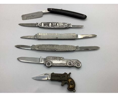 Novelty Pocket Knives - Scales detailed as a vintage motor car; an antique style pistol; London souvenir; Kings and Queens of
