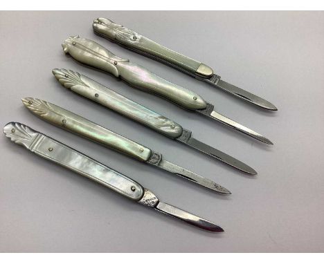 Five Decorative Single Blade Quill Knives, with brass lined mother of pearl scales, including R F Mosley, J Casson, George Wo