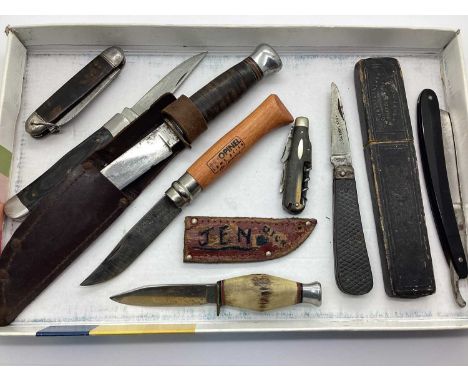 Assorted Folding and Other Knives, including combination, hunting, cutthroat razor etc.