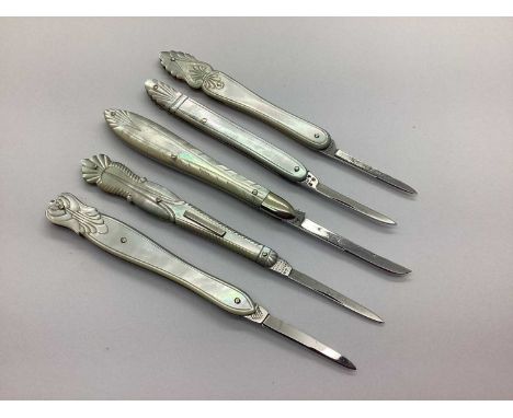 Five Decorative Single Blade Quill Knives, with brass lined mother of pearl scales, including J Greenhough, Rodgers, Wathew, 