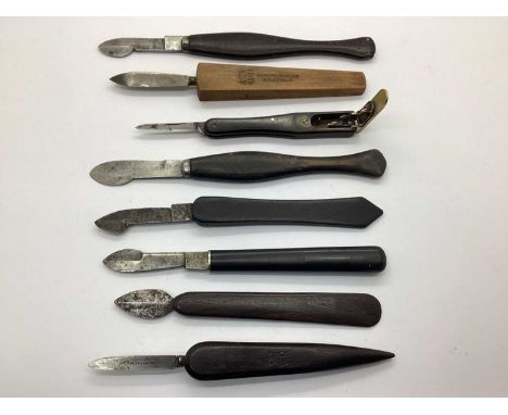 Antique Quill Cutter, 13.5cm open length; together with a collection of assorted quill / penknives, wooden handles.