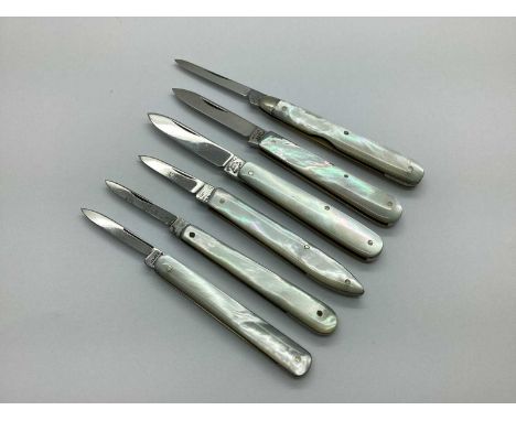 Six Assorted Pen / Quill Knives, with brass lined mother of pearl scales, including W. Mills &amp; Son Sheffield, Crossland B
