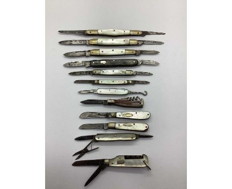 A Collection of Mother of Pearl Scale Folding Pocket Knives, including quill / penknives, combination, etc (rust / damage). (