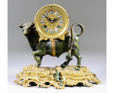 A Late 19th Century French Gilt Brass and Bronzed Cased Figural Mantel Clock, by Japy Freres, No. 2086, the 3ins diameter gil