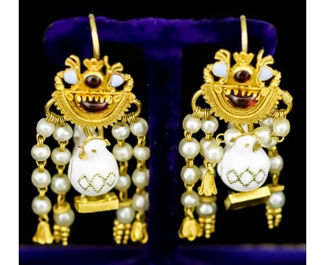 A Pair of Seed Pearl Enamel and Gem Set Drop Earrings, in 14ct gold mount for pierced ears, in the Etruscan manner, suspended