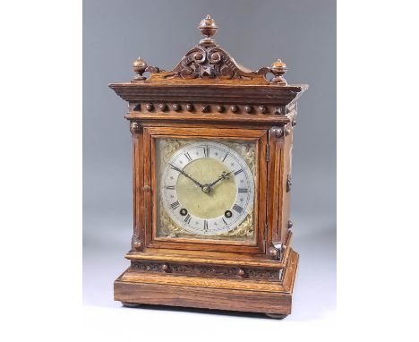 A Late 19th Century German Mantel Clock, by Winterhalder &amp; Hofmeier, the square brass dial with 4.5ins diameter silvered 