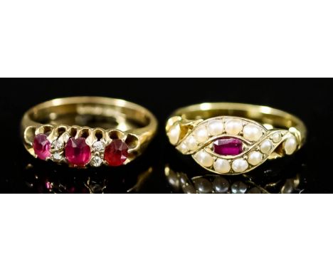 A Three Stone Ruby Ring, Victorian Manner, and a Ruby and Seed Pearl, Victorian, the three stone ring 18ct gold mounted, inte