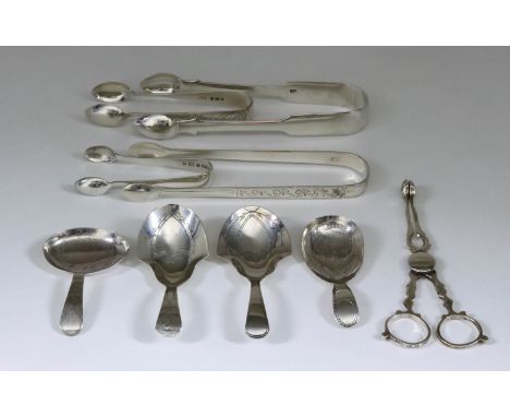 Two George III Silver Caddy Spoons, Two Other Silver Caddy Spoons, a Pair of Sugar Nips, and Selection of Sugar Tongs, the tw