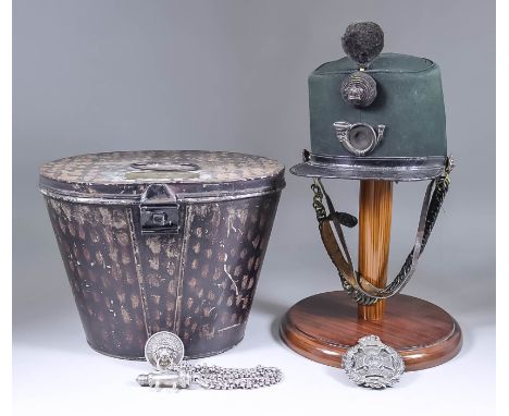 A Shako Tin - Captain R. H. FitzHerbert, Derby Rifles, with unrelated shako to R. B. Patten, 1858, and silvery metal Officer'