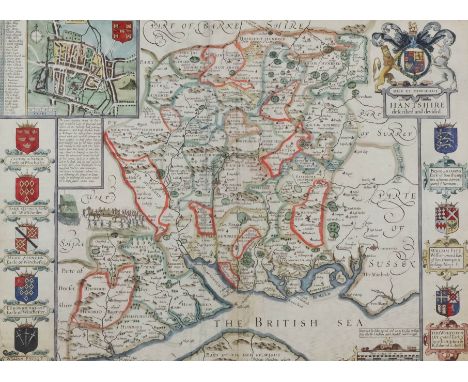 John Speed (1552-1629) - Coloured engraving - Map of "Hantshire" with plan of "Winchester", 15ins x 20ins, performed by John 