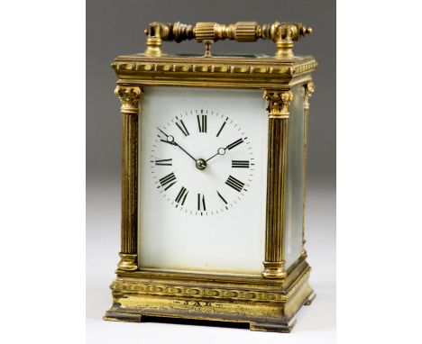 A Late 19th Century French Carriage Clock, the white enamel dial with Roman numerals, to the eight day two train movement str