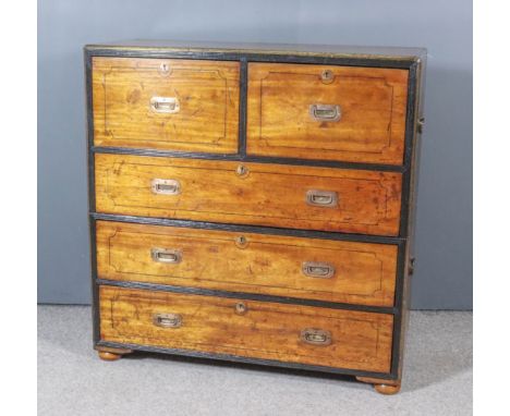 A Late 19th Century Anglo-Chinese Camphorwood and Brass Bound Military Chest in two sections, with plain brass mouldings to e