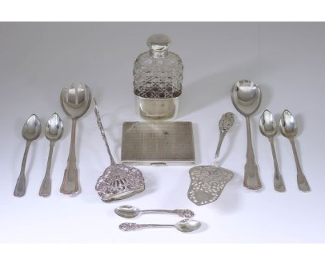 A French Silvery Metal Mounted and Hob Nail Cut Glass Spirit Flask, and mixed Continental Silvery Metal Ware, the spirit flas