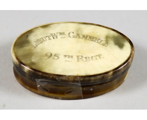 An Oval Horn Pill or Snuff Box, inscribed to "Lieut. Wm. Gammell 95th Regiment", Circa 1814-1816, 2.75ins x 1.75ins x 0.75ins