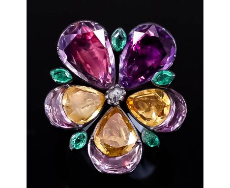 A Citrine, Amethyst and Emerald Ring, Modern, in gold coloured metal mount and of flowerhead pattern, size L, gross weight 12