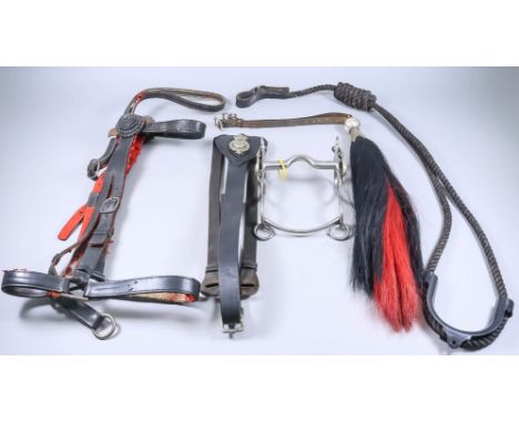 A Collection of Horse Furniture, comprising - Bridle with leather rosettes, with tethering rope and martingale; Field Officer