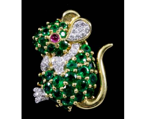 An Emerald, Diamond and Ruby Mouse Pattern Brooch, Modern, in 18ct gold mount, set with round cut emeralds, approximate total