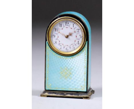 An Early 20th Century Silvery Metal and Turquoise Guilloche Enamel Miniature Timepiece, the 1.25ins diameter enamel dial with