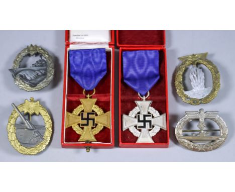 Two Second World Ward German Faithful Service Medals for Twenty-Five and Forty Years, six reproduction German Second World Wa
