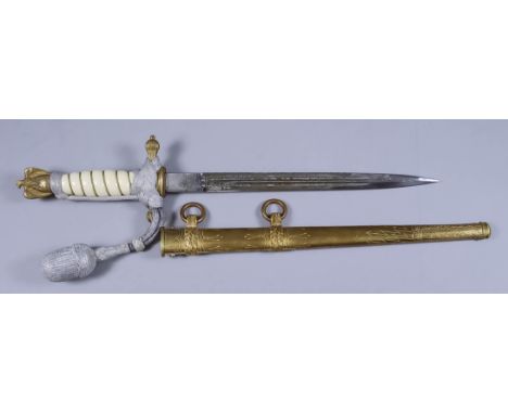 A Second World War German Naval Dress Dagger, by E. &amp; F. Horster, Solingen, the 9.75ins bright steel blade etched with an