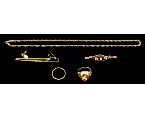 Two 15ct Gold and Pearl Bar Brooches, and Other Jewellery, one bar brooch surmounted with a pearl and enamel rabbit, 50mm ove