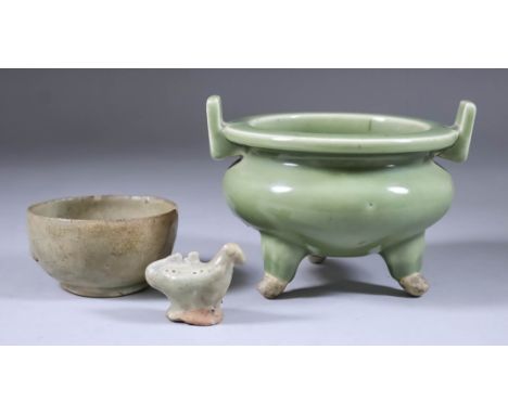 A Chinese Celadon Tripod Two-Handled Censer, 5ins (12.7cm) diameter x 3.75ins (9.5cm) high, a Yue Yao celadon glazed bowl, 1.