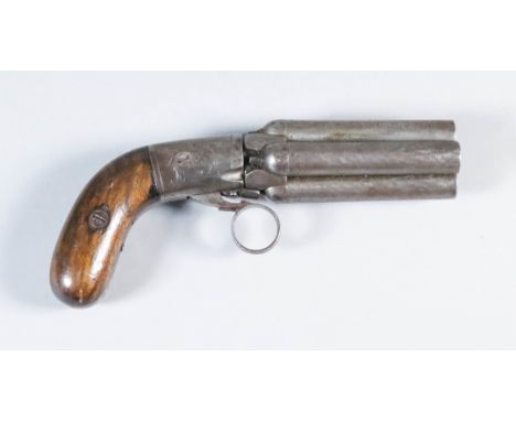 A 19th Century Continental .50 Calibre 4 Shot Percussion Revolving Pepperbox, (no makers name), 3.5ins bright steel barrels, 