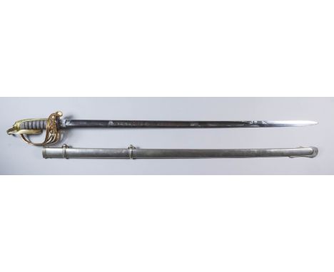A Good Victorian Naval Officers Dress Sword, 33ins bright steel blade bearing royal cypher and foliate work, wirebound shagre