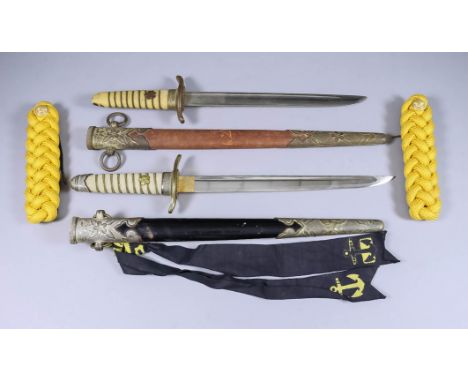 A 20th Century Japanese Naval Dirk, 9ins bright steel blade, wire bound ray skin grip, brass cross guard, with metal scabbard