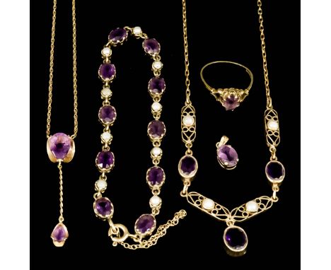 An Amethyst and Seed Pearl Necklace, Modern, and Other Jewellery, the necklace in 9ct gold mount, 432mm overall, an amethyst 