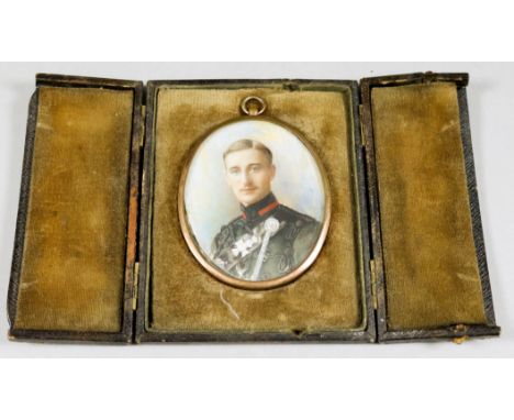 An Oval Miniature Portrait of a Junior Officer of the King's Royal Rifle Corps, late 19th Century, 3.25ins x 2.5ins, in leath