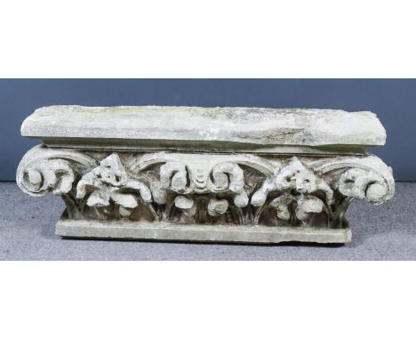 An English Limestone Architectural Capital, the central frieze deeply carved with acanthus leaf, 49ins wide x 11.5ins deep x 