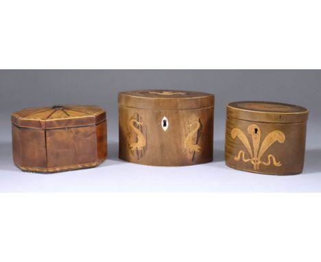 A Mahogany Oval Tea Caddy of "George III" Design and Two Other Tea Caddies, the oval caddy of small size, inlaid with Prince 