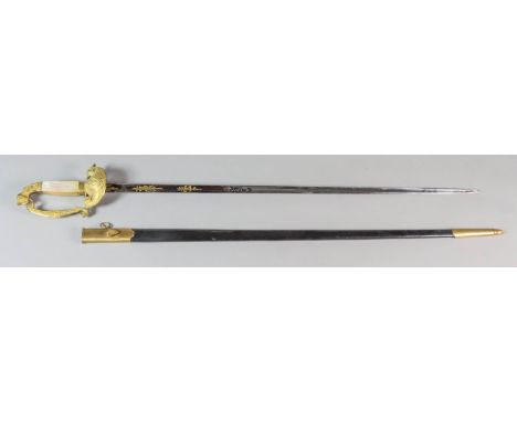 A Late 19th/Early 20th Century Continental Court Sword, 30ins bright steel blade partially blued with gold foliate work to bl