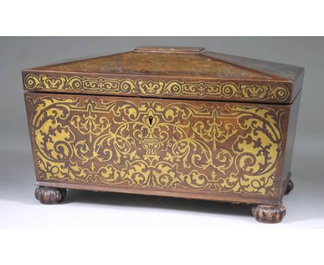 A George IV Brass Rosewood Rectangular Tea Caddy and an Early George III Mahogany Rectangular Tea Caddy, the rosewood tea cad