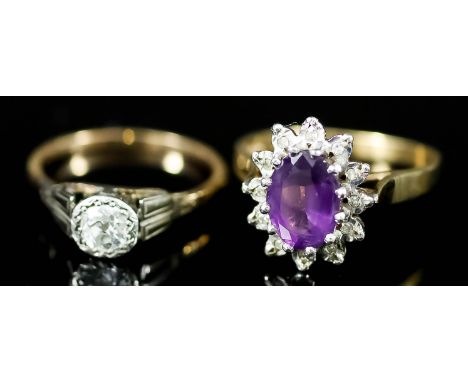 A Solitaire Diamond Ring, Early 20th Century, and an Amethyst and Diamond Ring, both in 9ct gold mounts, the solitaire ring s