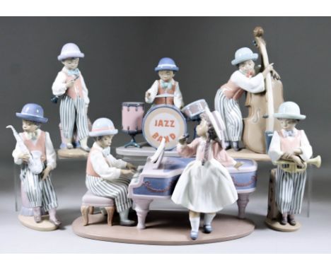 A Lladro porcelain Six Piece "Jazz Band" Set, comprising - Jazz Duo (05930), 8.75ins high, Jazz Bass (05834), 10ins high, Jaz