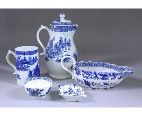 A Small Collection of 18th Century English Porcelain, including - a Derby blue and white sauce boat, the interior painted wit