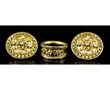 An 18ct Gold and Three Stone Diamond Ring and a Pair of Similar Circular Earrings, in the Etruscan manner, the ring size N, t