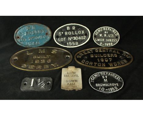 Eight assorted metal, cast metal and resin railway name and number plaquesTo include Great Central Rly, L M S built 1920 Derb