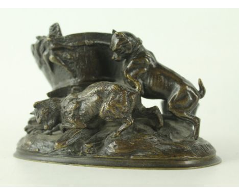 Jules Moigniez (1835-1894) bronze figure groupDepicting two hunting dogs chasing a rabbit beside a bucket on naturalistic pli