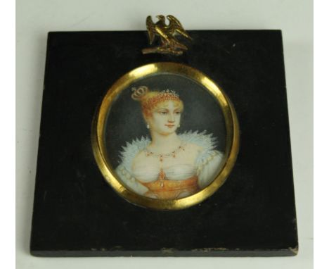 A 19th Century portrait miniature on ivoryDepicting Josephine de Beauharnais, inset within lacquered frame with brass eagle m