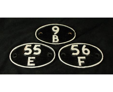 Three cast iron engine shed allocation plates To include '56 F (Low Moor)', '55 E (Normanton)' and '9 B (Stockport Edgeley)',