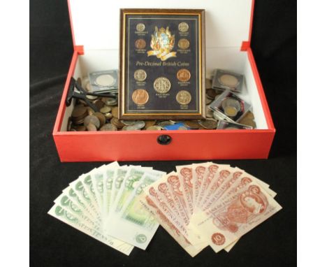 A collection of British coinage and bank notesTo include cased George VI Festival of Britain crown dated 1951, silver Home Ga