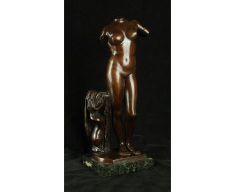 A 20th Century bronze sculptural figureModelled in the form of a nude torso, signed Athos, raised on veined marble plinth bas
