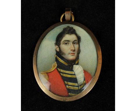 A 19th Century portrait miniature on ivory Depicting an Infantry officer, inset within gilt oval frame, 6.5x5cm    CONDITION 