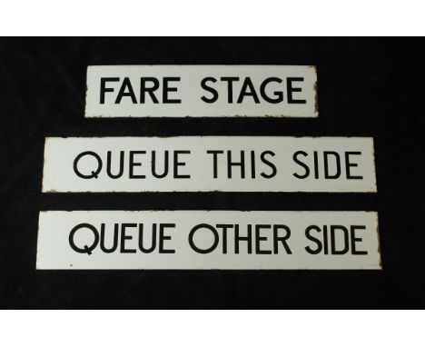 Three original advertising railway enamel signsFrom Eastern Counties 'Queue This Side', 'Queue Other Side' 7x38cm and 'Fare S