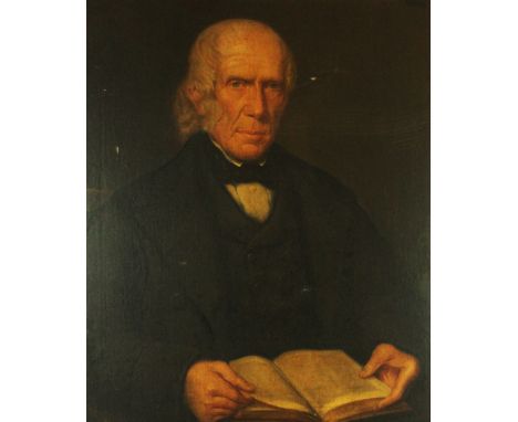 A 19th Century oil on board depicting a portrait of an elderly gentleman reading Unsigned, inset within ornate gilt frame, 72