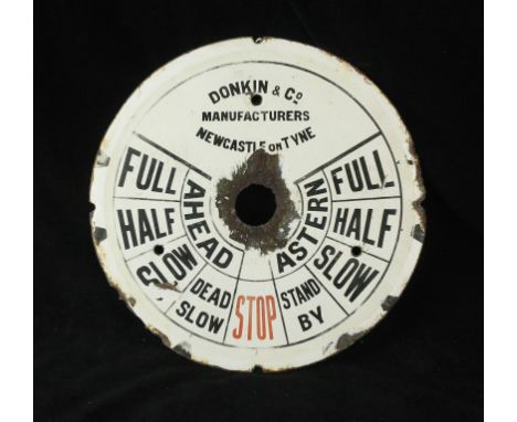An original advertising enamel circular signFrom a ships telegraph, by Donkin & Co Newcastle on Tyne, diameter 31cm